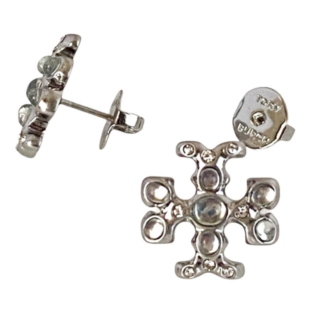NEW Roxanne Silvertone Resin & Crystal T-Logo Stud Earrings